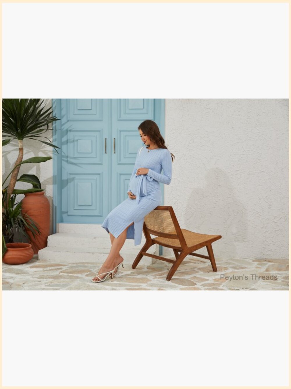 Crewneck Maternity Sweater Dress Rib Knit Long Sleeve Slit Dress with Belt - Picture 7 of 7